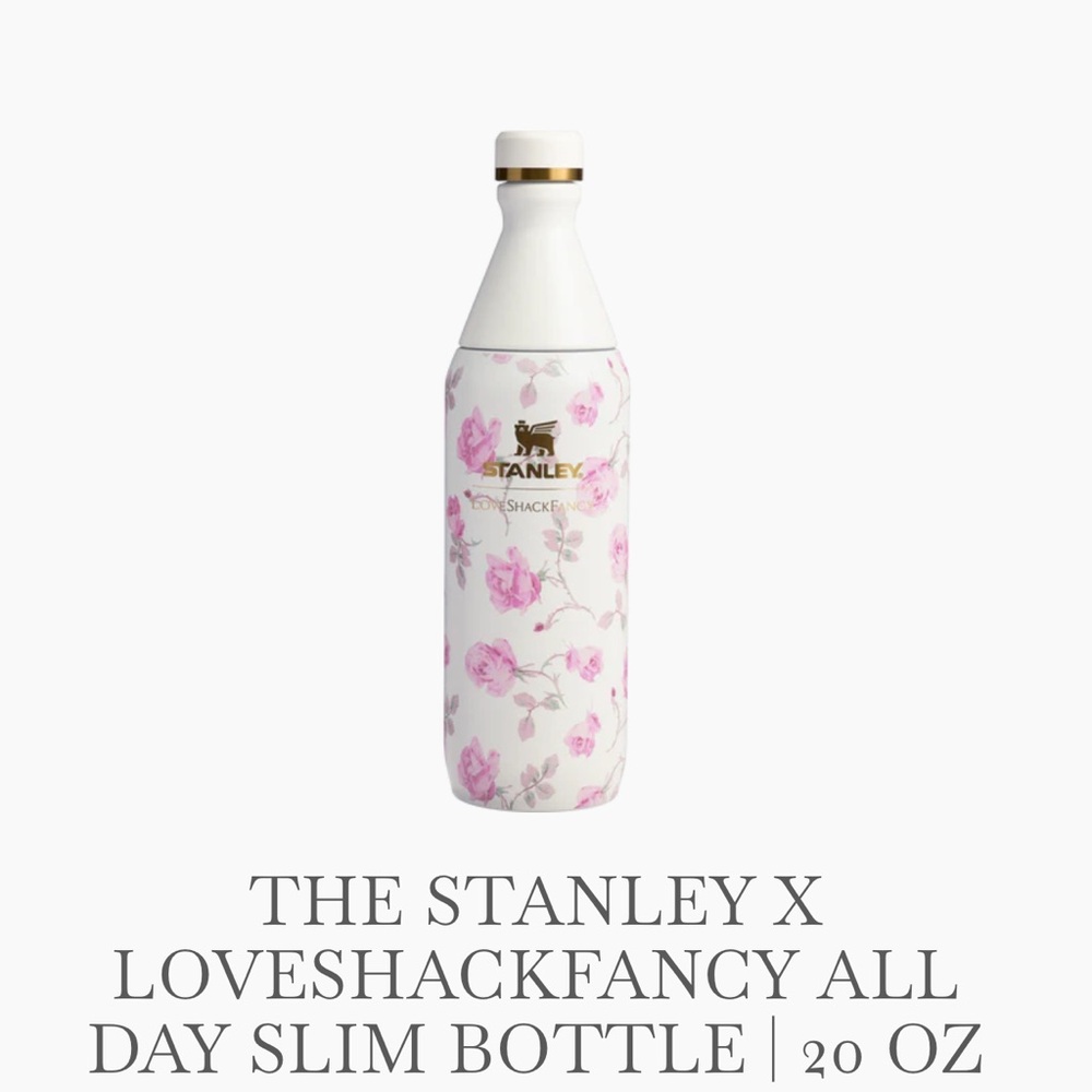 LoveShackFancy x Stanley Ribbon Rosa 20oz bottle.
